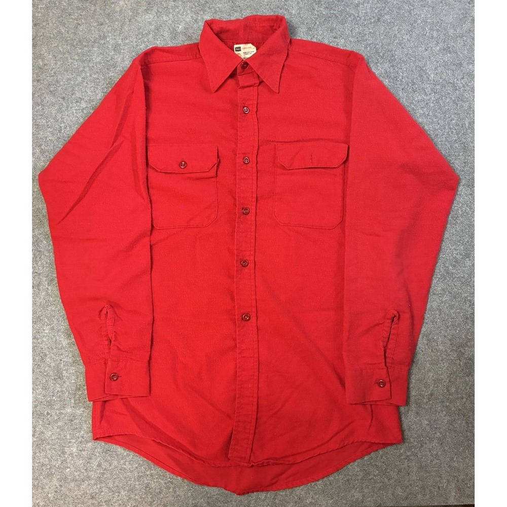 Vtg 70s Sears Roebuck Perma Prest Red Flannel Work Shirt Utility Mens L USA Made